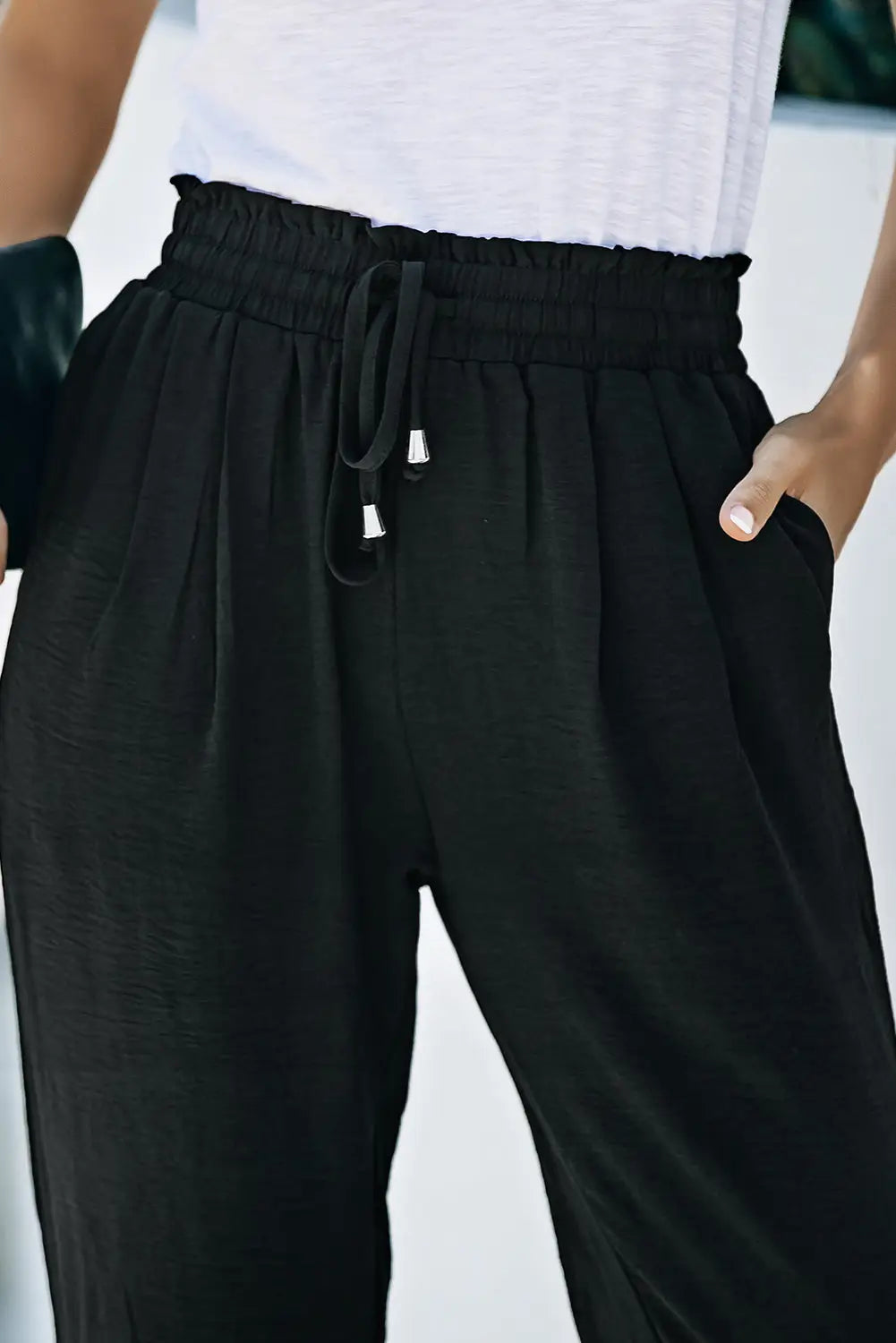 Black Solid Color Drawstring Smocked Waist Joggers - Life Store
