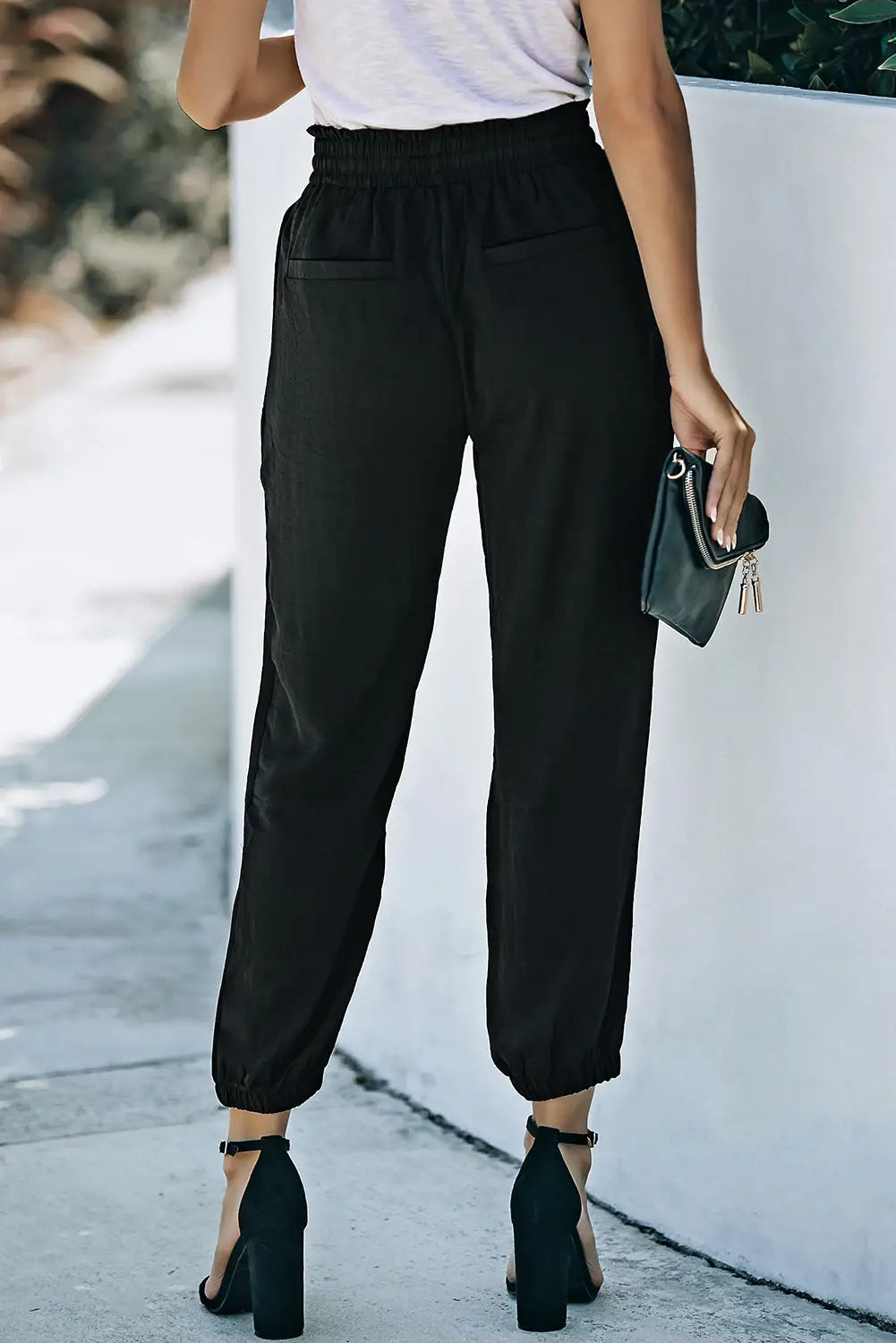 Black Solid Color Drawstring Smocked Waist Joggers - Life Store